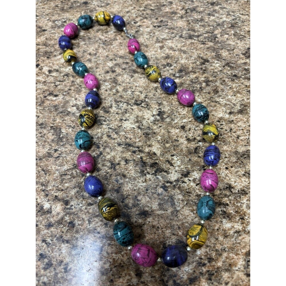 Vintage Funky Multicolor Bead Necklace 80s 90s 24” Ethnic Colorful
